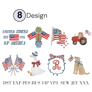 May include: An embroidery design sheet featuring patriotic American themes. Designs include the American flag, a tractor, a goose in a patriotic hat, and a dog with a flag. Text includes "United States of America" and "Design".