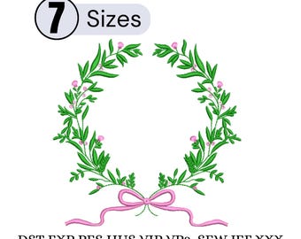 Monogram Bow Laurel Wreath Crest Frame Machine Embroidery Design,Pink Green Bow Wreath Monogram Frame Machine Embroidery File design,7 sizes