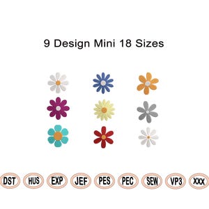 以下が含まれることがあります： 白、青、紫、黄、オレンジ、赤、グレーなど、さまざまな色のミニデイジーフラワー刺繍デザインが9種類あります。デザインは、DST、HUS、EXP、JEF、PES、PEC、SEW、VP3、XXXというファイル形式で利用できます。