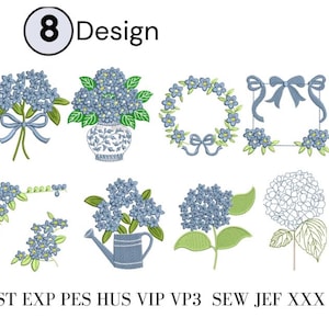 May include: A collection of eight machine embroidery designs featuring blue hydrangea flowers, including bouquets, a vase, a wreath, a frame with a bow, a watering can, and floral stems. The text 8 Design and file formats DST EXP PES HUS VIP VP3 SEW JEF XXX appear.