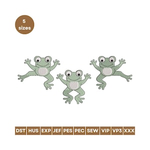 May include: Three embroidered frog designs in light green with white bellies and large, round eyes. The frogs are in a playful pose with their arms and legs outstretched. The image also includes the text "5 sizes" and embroidery file formats.
