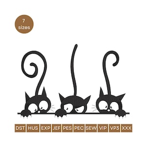 May include: Black cat embroidery design featuring three cats peeking over a line. Each cat has a unique tail shape and facial expression. The design includes the text "7 sizes" and embroidery file formats.