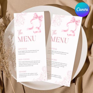 Szablon menu Pink Bow, Karty menu Pink Bow Baby Shower Party Brunch, Kolacja, Szablon menu brunchowego Coquette Bow Girl, Canva Edytowalny