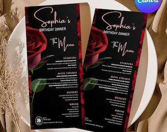 Birthday Dinner Menu Card, Dinner Menu Card, Printable Birthday Dinner and Drink Menu Card, Red Floral Roses, Table Menu, Canva Editable
