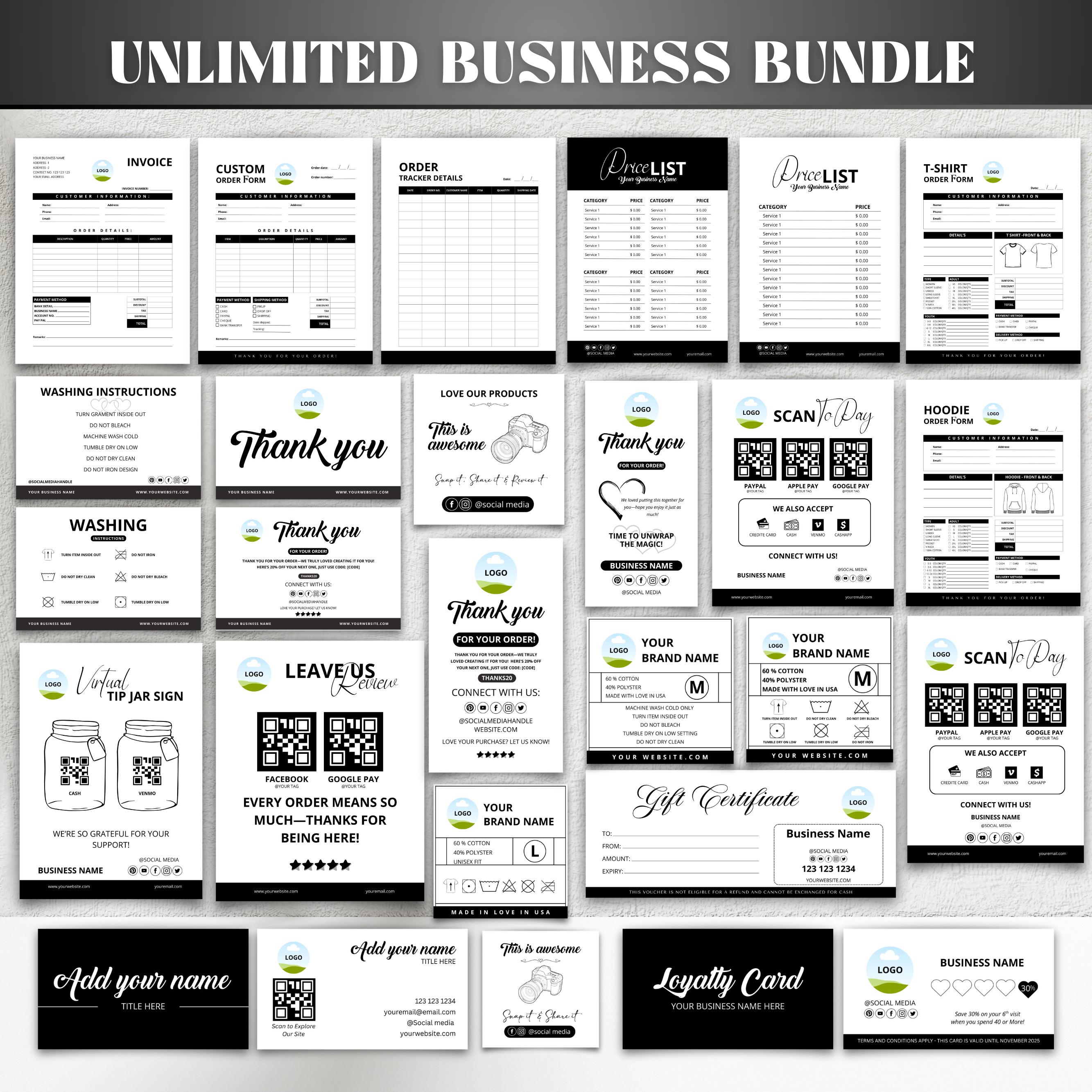 Clothing Business Bundle,Clothing Tag Canva Template Bundle,Tshirt Order Form, Invoice,Neck Tag, Thank You Card,Care Cards,Canva Editable