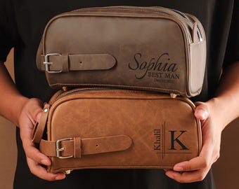 Personalized Leather Toiletry Bag, Engraved Men's Leather Toiletry Bag, Custom Travel Men Dopp Kits, Groomsmen Proposal Gift, Christmas Gift