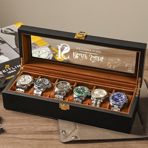 Gepersonaliseerde zwarte horlogedoos voor 6 horloges, aangepaste houten horlogekast met bruine voering, horlogeopslag, vadercadeau, verjaardagscadeau voor mannen