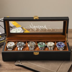 Aangepaste houten horlogekast met bruine voering, gepersonaliseerde zwarte horlogedoos voor 6 horloges, horlogeopslag, vadercadeau, verjaardagscadeau voor mannen