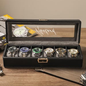 Gepersonaliseerde zwarte PU-lederen horlogedoos voor 6 horloges, aangepaste horlogeopslag, horlogekast met glazen deksel, vadercadeau, verjaardagscadeau voor mannen