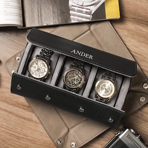 Watch Roll for 3 Watches, Personalized Vegan Leather Watch Box, Custom Watch Travel Case, Groomsmen Gifts, Gift for Him, Father&#39;s Day Gift