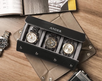 Uhrenrolle für 3 Uhren, personalisierte Uhrenbox aus veganem Leder, individuelle Uhrenetui, Groomsmen Geschenke, Geschenk für ihn, Vatertagsgeschenk