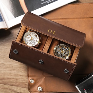 Brown Watch Travel Case, Watch Roll for 3 Watches, Personalized Vegan Leather Watch Box, Groomsmen Gifts, Gift for Him, Father&#39;s Day Gift