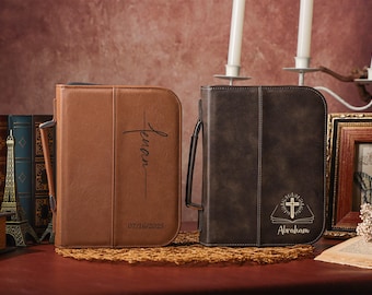 Personalized Leather Bible Case, Engraved Bible Cover With Zipper, Customized Book Cover, Religious Gift, Bible Case Cover For Women and Men