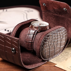 Dark Brown Watch Travel Case, Watch Roll for 3 Watches, Personalized Leather Watch Roll, Groomsmen Gift, Gift for Him, Father&#39;s Day Gift