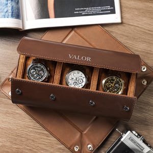 Custom Watch Travel Case, Watch Roll for 3 Watches, Personalized Vegan Leather Watch Box, Groomsmen Gifts, Gift for Him, Father&#39;s Day Gift