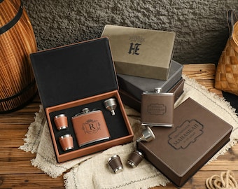 Coffret cadeau garçons d'honneur avec gravure, coffret cadeau flasque en cuir personnalisé, flasque pour homme, cadeau personnalisé pour petit ami, cadeau papa, cadeau pour lui