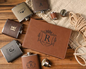 Coffret cadeau personnalisé flasque en cuir, coffret cadeau garçons d'honneur gravés, flasque meilleur homme, cadeau personnalisé pour petit ami, cadeau papa, cadeau pour lui