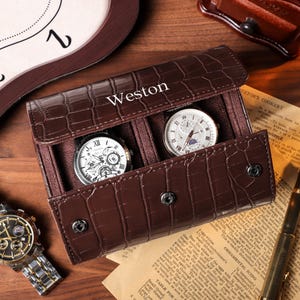 Personalized Leather Watch Roll, Dark Brown Watch Travel Case, Watch Roll For 3 Watches, Groomsmen Gift, Gift For Him, Father&#39;s Day Gift
