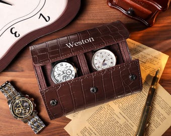 Personalisierte Leder Uhrenrolle, dunkelbraune Uhrentasche, Uhrenrolle für 3 Uhren, Trauzeugen Geschenk, Geschenk für ihn, Vatertagsgeschenk