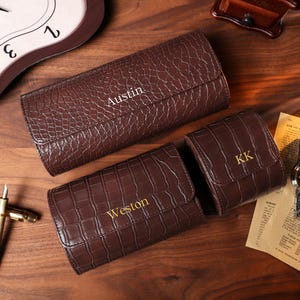 Watch Roll For 3 Watches, Personalized Leather Watch Roll, Dark Brown Watch Travel Case, Groomsmen Gift, Gift For Him, Father&#39;s Day Gift