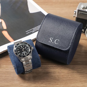 Horlogerol voor 3 horloges, gepersonaliseerde veganistische leren horlogedoos, donkerblauwe horlogereisetui, cadeau bruidsjonker, cadeau voor hem, Vaderdagcadeau