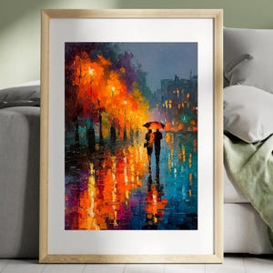 Autumn Rain Lovers Artwork | Romantic Impressionist Wall Art Print | City Night Scene Poster wedding christmas present gift Rolled Poster