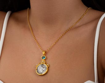 Goddess Athena Necklace • Ancient Greek Inspired Silver Coin Pendant • 24K Gold Plated Medallion Pendant with Blue & White CZ Stones