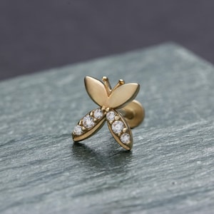 Flat Back Schmetterling Ohrstecker in Gold • Diamant Schmetterling Ohrring • 14K Solid Gold Schmetterling Flügel Schmuck • Screw Back Piercing für Frauen