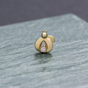 14 kt gouden oorknopjes lieveheersbeestje met diamantdetail • Lieveheersbeestje-oorbel met platte achterkant voor dames • 1 mm echt gouden insectenpiercing-sieraden voor tragus