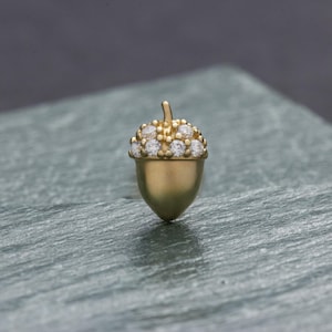 Dainty Acorn Earring in 14K Gold • Internally Threaded Pave Acorn Stud Earring • Flat Back Piercing Jewelry for Women • Squirrel Lovers Gift