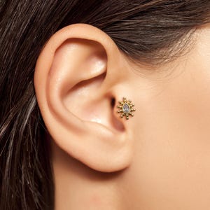14K Gold Sun Stud Earring with Drop Cut Stone • Flat Back Internally Threaded Earring • 18G Sunburst Piercing for Cartilage, Tragus or Conch