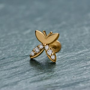 Flat Back Butterfly Stud Earring in Gold • Diamond Butterfly Earring • 14K Solid Gold Butterfly Wing Jewelry • Screw Back Piercing for Women