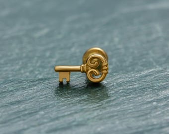 Gold Key Design Piercing Stud • 14K Solid Gold Internally Threaded Labret Jewelry • Screw Flat Back Earring for Multiple Piercings