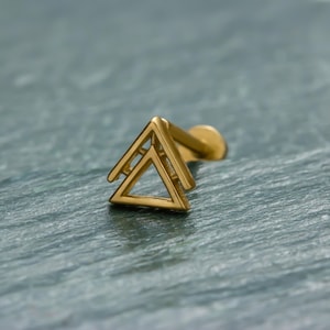 14K Gold Open Triangle Stud Earring • Solid Gold Triangular Earring for Cartilage & Tragus • Flat Back Earring • Geometric Piercing Jewelry
