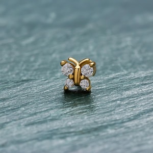 Diamond Butterfly Stud Earring in Gold • Internally Threaded Butterfly Tragus Earring • 14K Solid Gold Flat Back Piercing Jewelry for Gift