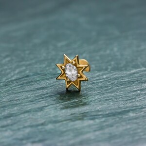 Gold Star Stud Earring with Oval CZ Stone • Flat Back Diamond Star Piercing Jewelry • 14K Solid Gold Internally Threaded Star Tragus Stud