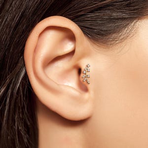 Dainty Olive Branch Stud Earring • Screw Back Diamond Leaf Earring in Gold • 14K Flat Back Tragus Piercing Jewelry for Women, Floral Earring