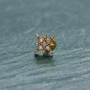 Screw Flat Back Diamond Star Stud • 14K Gold Internally Threaded Labret Stud • North Star Piercing Jewelry for Women • 18g Cartilage Earring