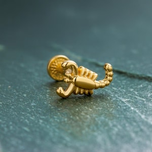 May include: A gold-colored scorpion-shaped earring stud. The scorpion has a detailed design with a curved tail and textured body. The earring post is round and has a textured surface. The earring is set against a green and gray background.