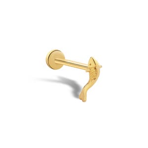 Dainty Koi Fish Stud Earring • Secure Threaded Flat Back Earring for Cartilage & Tragus • 14K Solid Gold Fish Jewelry • Screw Back Piercing