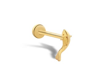 Dainty Koi Fish Stud Earring • Secure Threaded Flat Back Earring for Cartilage & Tragus • 14K Solid Gold Fish Jewelry • Screw Back Piercing