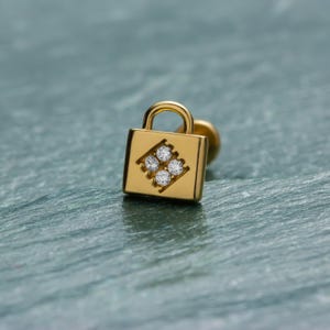 14K Padlock Earring with Screw Back • Internally Threaded Flat Back Piercing Jewelry • Birthday Gift Her • 18 Gauge Solid Gold Labret Stud