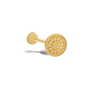 14K Solid Gold Sunburst Ohrstecker • Strukturierter Sonnengesicht Schmuck • Schraube Flachrück Ohrring für Frauen • 18g Labret Piercing, Geburtstagsgeschenk
