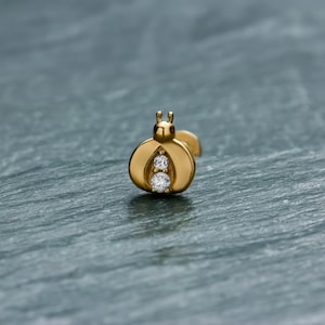 May include: A gold-coloured ladybird-shaped earring with two clear, round gemstones. The earring has a post for insertion. The ladybird has antennae and a rounded body, set against a grey, textured surface.
