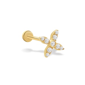 Dainty Diamond Flower Stud Earring • 14K Solid Gold Flower Piercing for Tragus, Helix & Daith, Internally Threaded Back Cartilage Jewelry