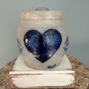 Vintage Rowe Pottery Works Covered Stoneware Crock with Blue Heart | Handmade Farmhouse Pottery Jar | Cottagecore Primitive Decor