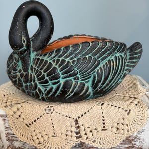 Vintage Ceramic Swan Planter Bowl, 1991 FMC Tsumura Verdigris Swan Potpourri Dish| Green Patina Swan Centerpiece | Cottagecore Boho Decor