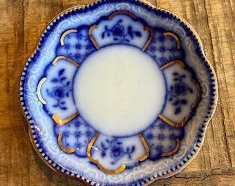 Antique Flow Blue Butter Pat | Gold Gilt Transferware Victorian England Plate | Farmhouse Cottagecore Decor