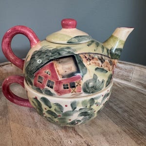 Vintage Michal Sparks Hand Painted Teapot Set, Tea for One | Vintage Teapot | Stacking Teapot | Ceramic Teapot