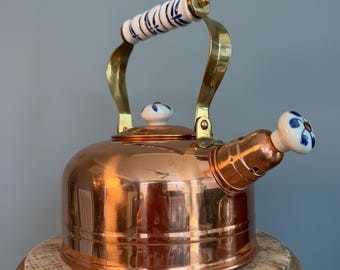 Vintage Copper and Brass Tea Kettle Blue White Porcelain Handle Whistling Kettle with Original Paperwork | Farmhouse Cottagecore Decor